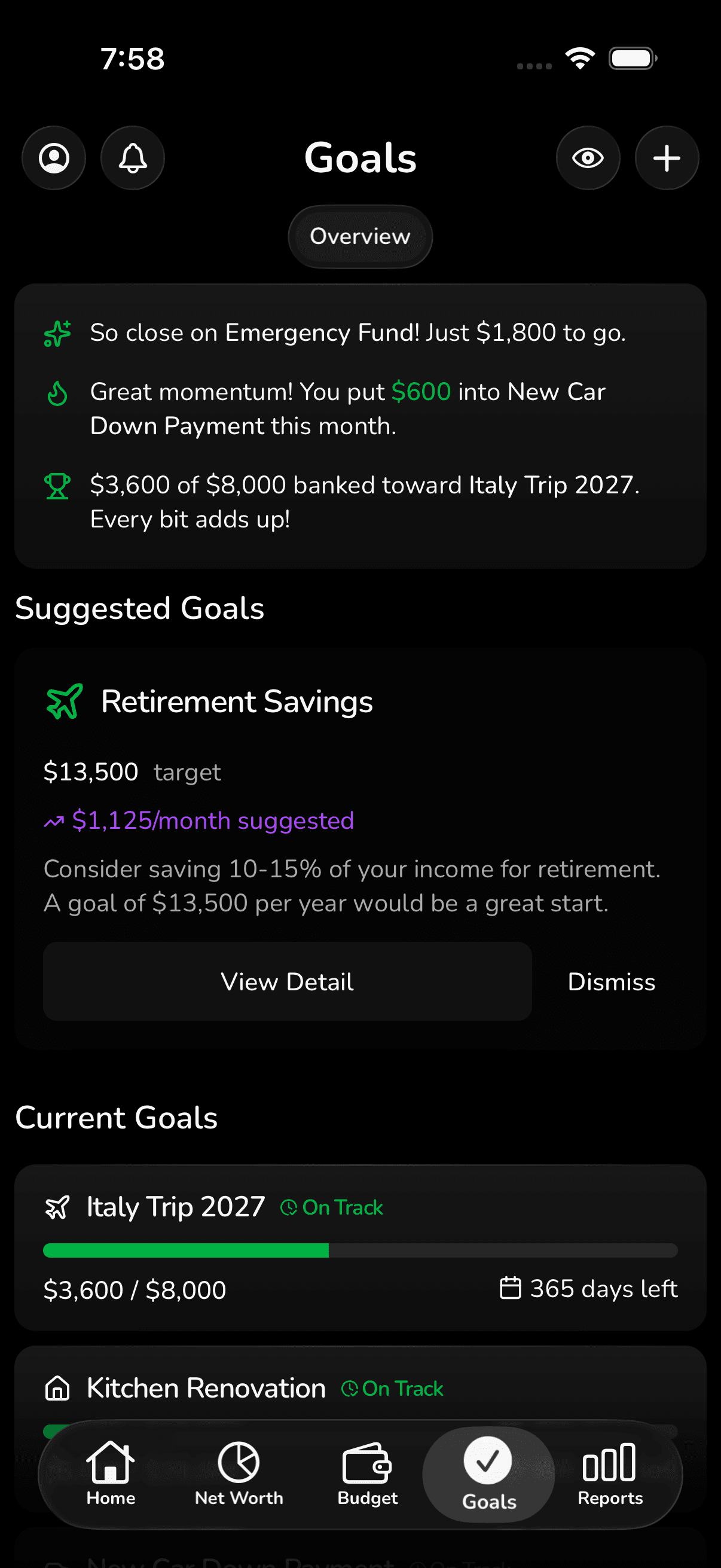 Financial goals tracking screen