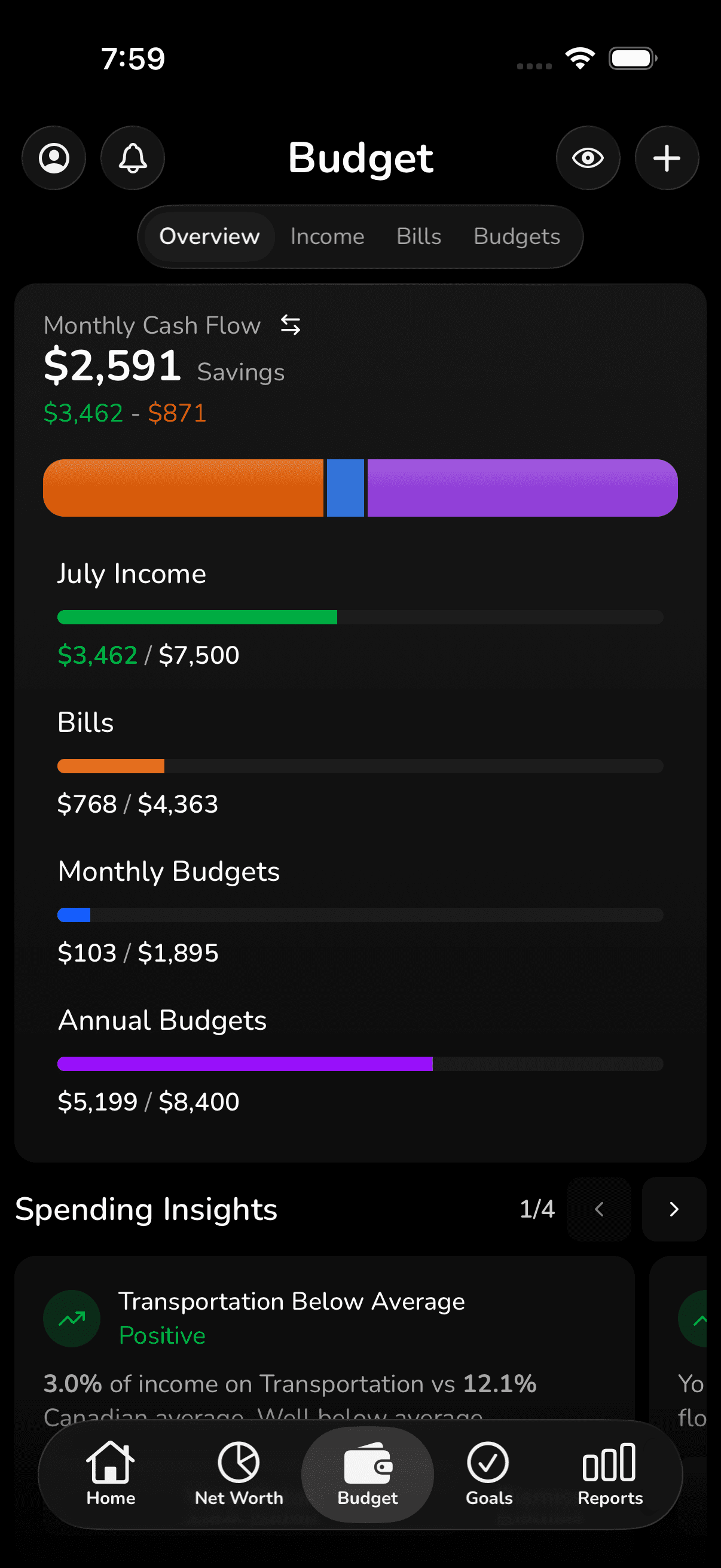 Budget overview screen with cash flow insight